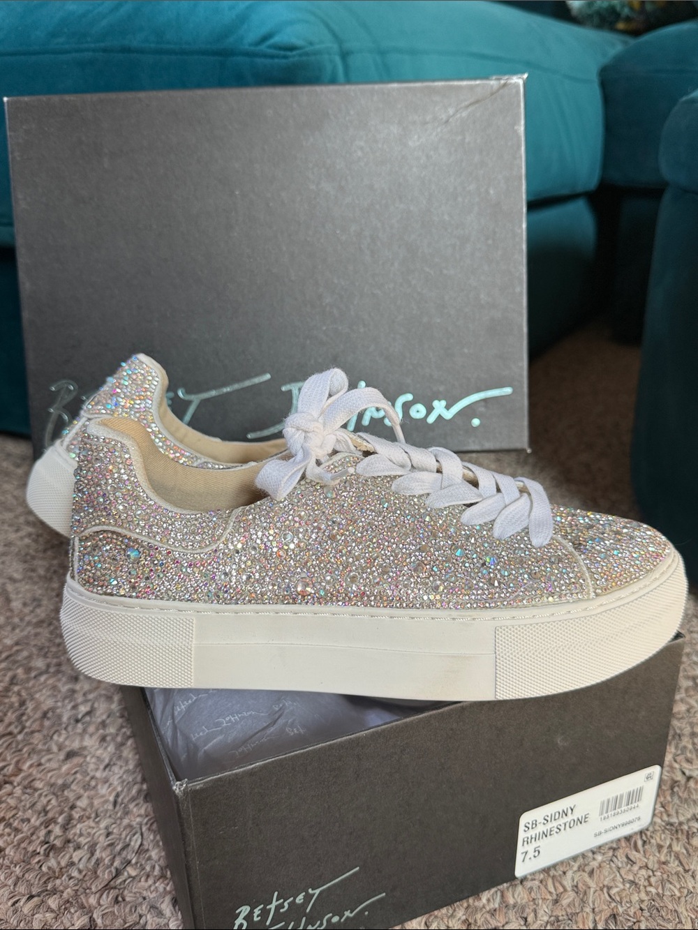 Betsey Johnson Sidny Iridescent Crystal Platform Sneakers - White